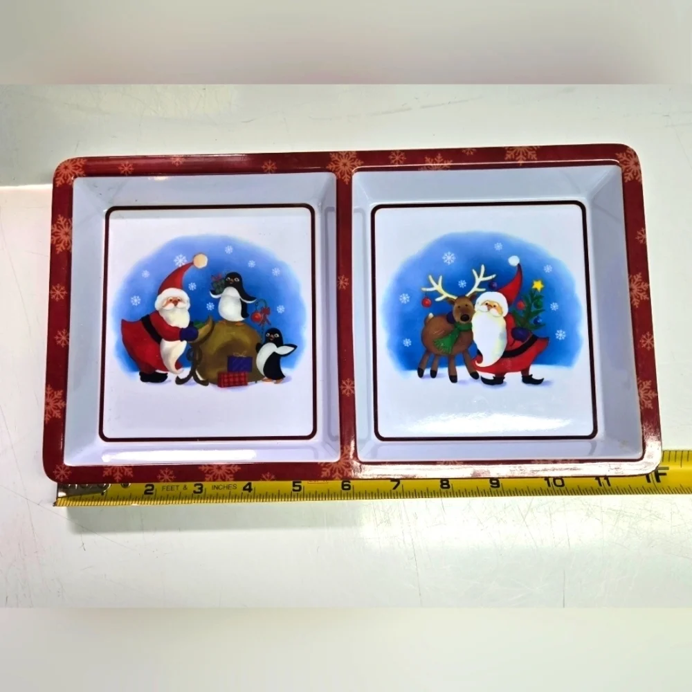 Christmas Holiday Serving Dish Divided Plate with Santa Peguins Reindeer New